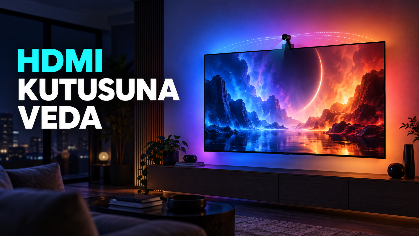 Philips Hue Play Screen Sync kamerasıyla HDMI kullanmadan renkli ortam aydınlatması oluşturan televizyon