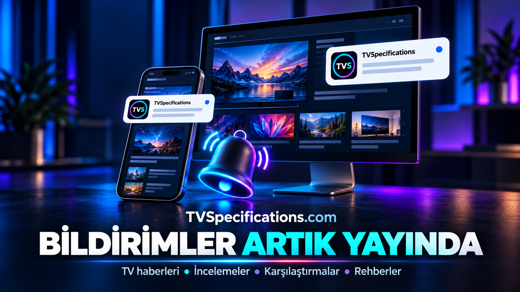 TVSpecifications bildirimlerini temsil eden bilgisayar, telefon ve TVS simgeli bildirim kartları.
